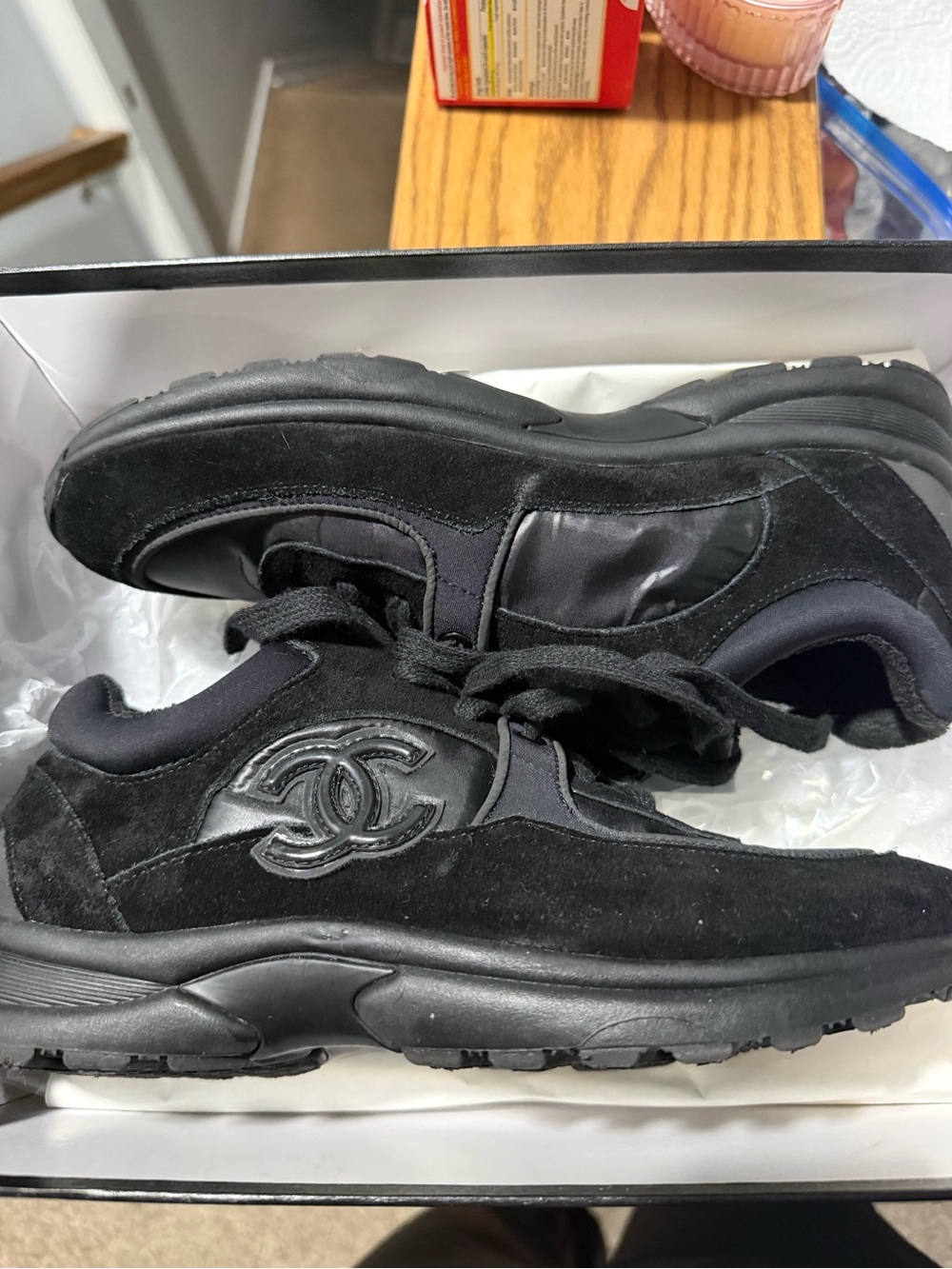 CHANEL Black Suede & Leather CC Emblem Sneakers - Picture 4 of 5